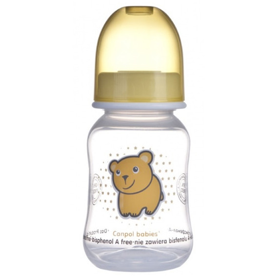 Sticlă transparentă din polipropilenă cu suzetă debit mediu 3+ luni, 120 ml, urs galben Canpol 241803 