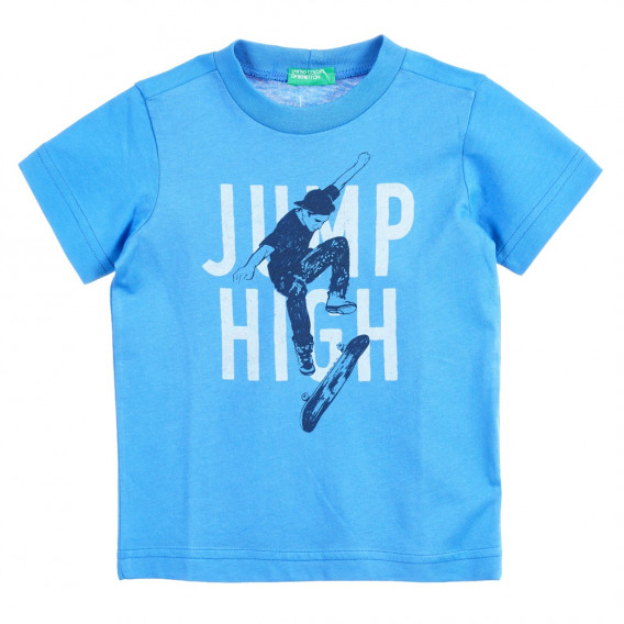 Tricou din bumbac cu imprimeu grafic și inscripție Jump high, albastru Benetton 242409 