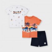 Set de tricouri și pantaloni scurți din trei piese în culori alb, portocaliu și bleumarin Mayoral 242705 