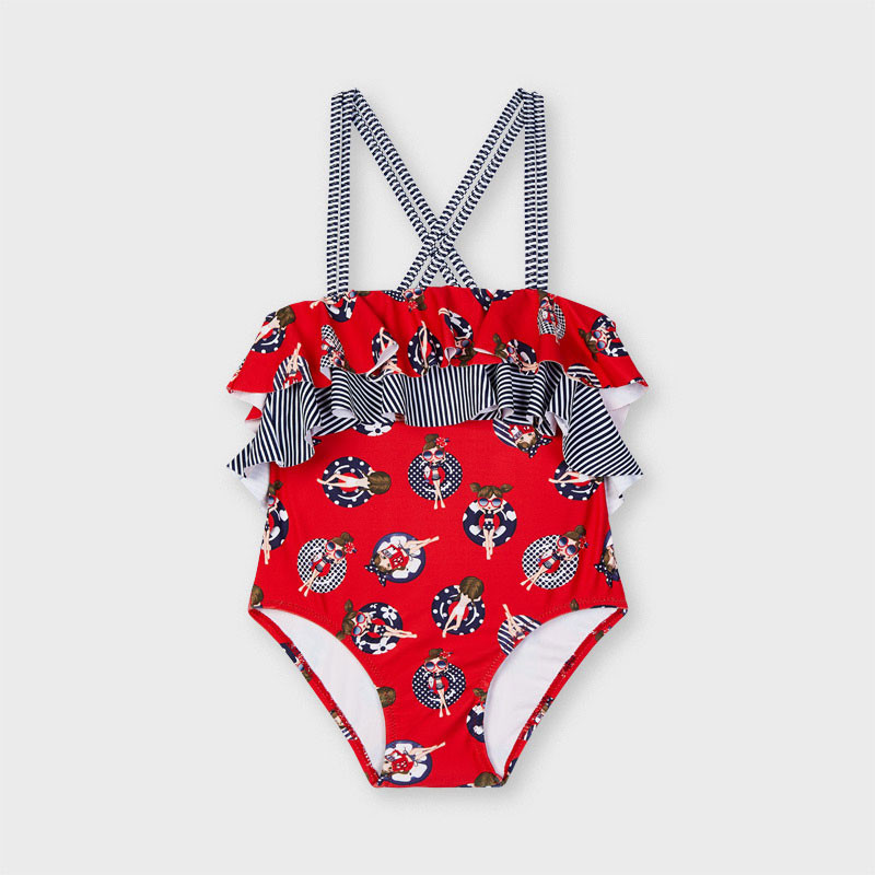 Costum de baie complet, cu bretele subțiri și bucle, roșu  242714