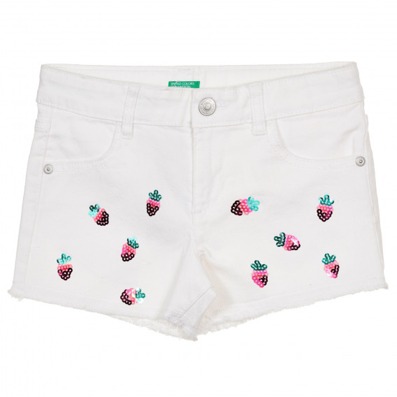 Pantaloni scurți din bumbac, aplicație cu căpșuni, albi Benetton 243378 