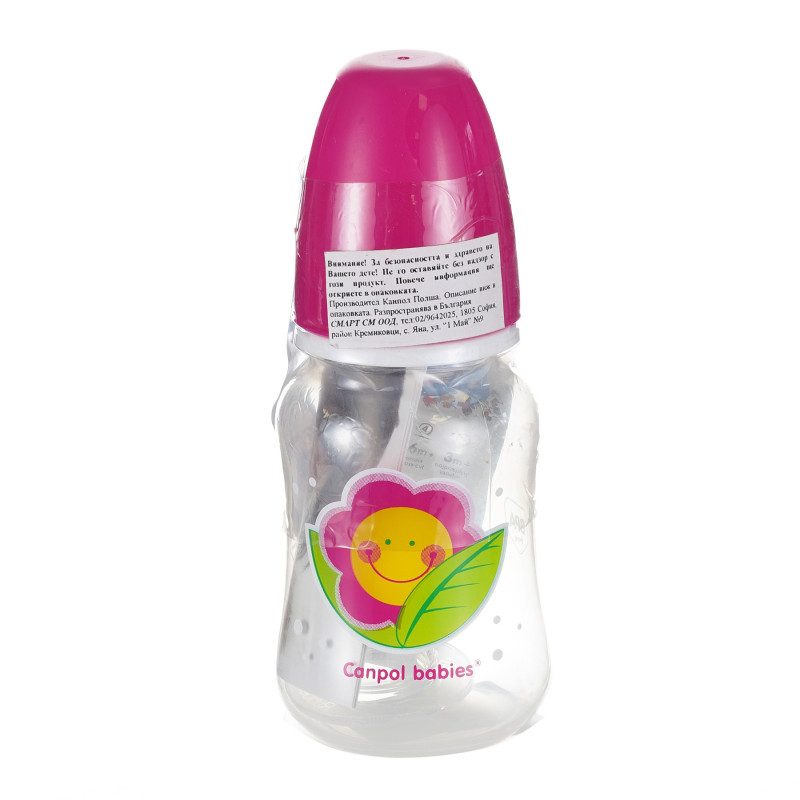 Sticlă transparentă din polipropilenă cu suzetă debit mediu 3+ luni, 120 ml, floare roz  244458