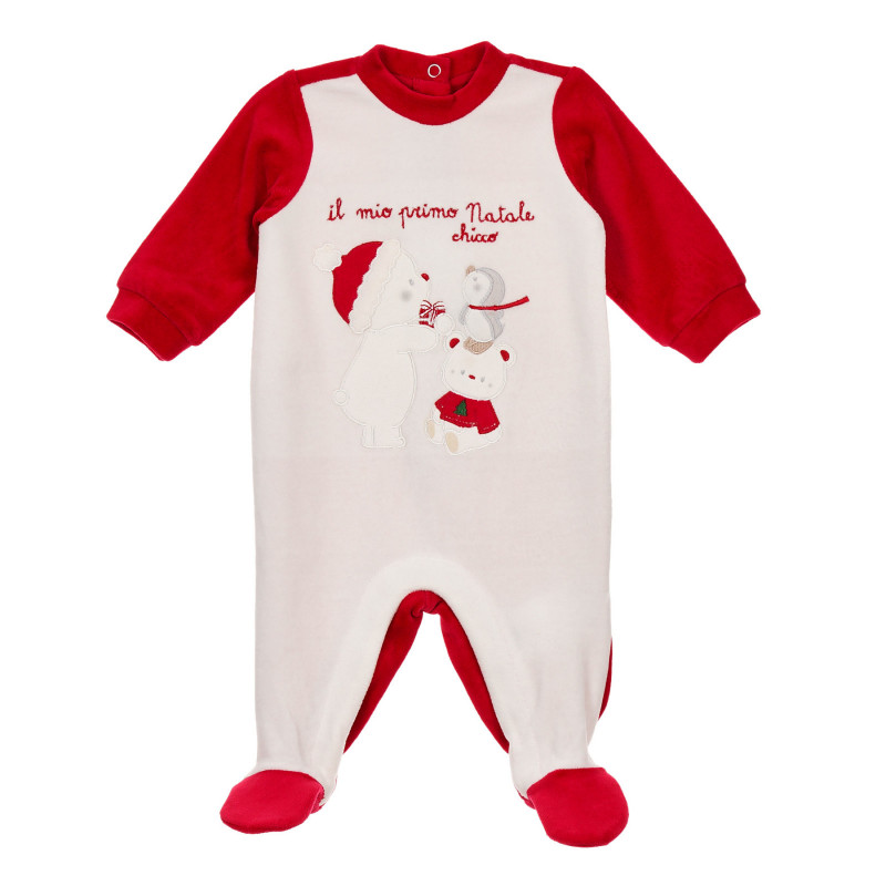 Salopetă de pluș Chicco cu motive de Crăciun, alb cu roșu pentru bebeluși  246021