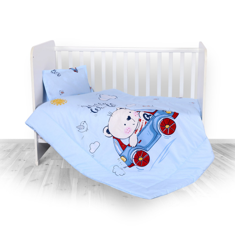 Set de lenjerie de pat Ranfors din 3 părți în albastru cu urs și imprimeu de mașină  246720