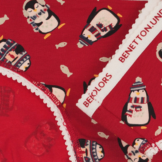 Bikini din bumbac cu imprimeu de Crăciun cu pinguini, roșu Benetton 249386 2
