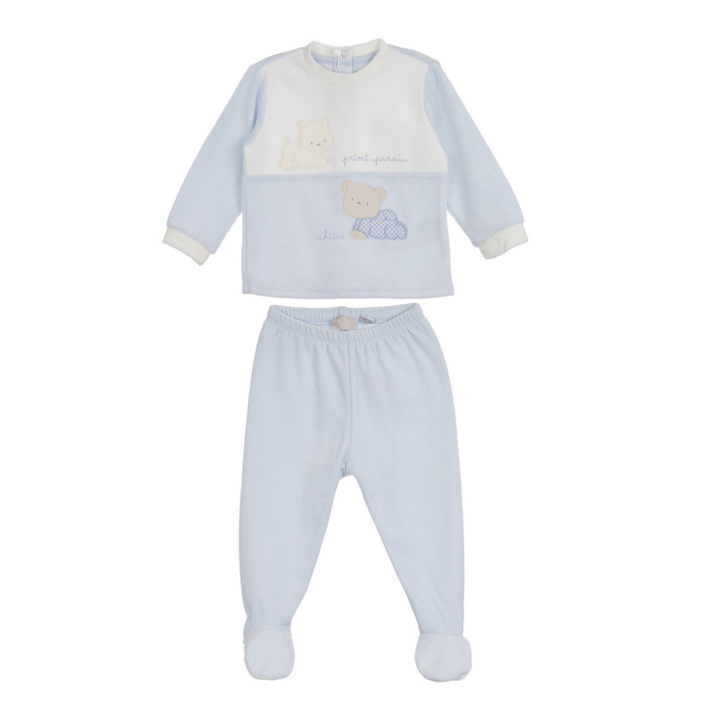 Set bluză și pantaloni cu botoși din bumbac Chicco cu ursuleti și pisoi pentru bebelusi, albastru  254500