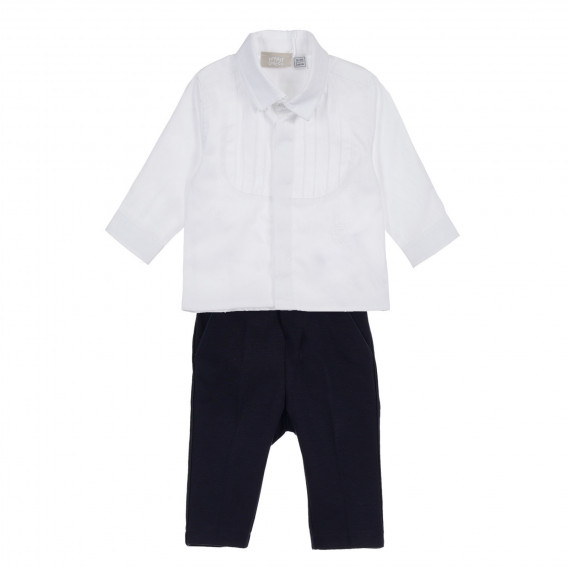 Set de cămașă din bumbac și pantaloni pentru bebeluși în alb și albastru Chicco 256029 