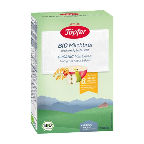 200 g. Terci de lapte organic cu 3 tipuri de boabe, mere si pere pentru copii cu varsta de peste 6 luni Topfer 256517 
