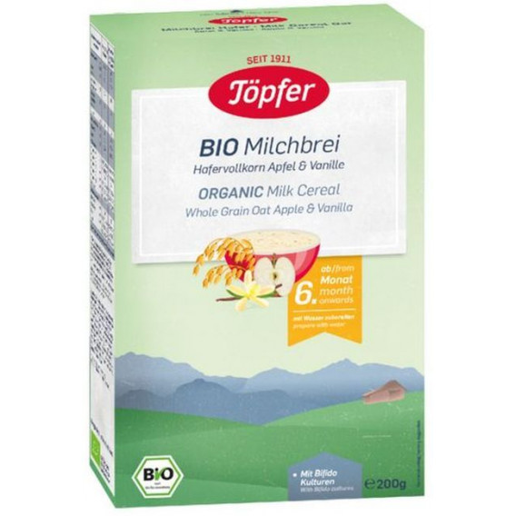 200 g. Terci de lapte organic cu ovăz integral, mere și vanilie în cutie pentru bebeluși de peste 6 luni Topfer 256606 3