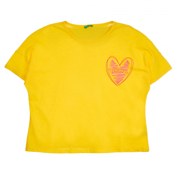 Tricou din bumbac cu inimă și inscripție de marcă, pentru copii, galben Benetton 257669 5