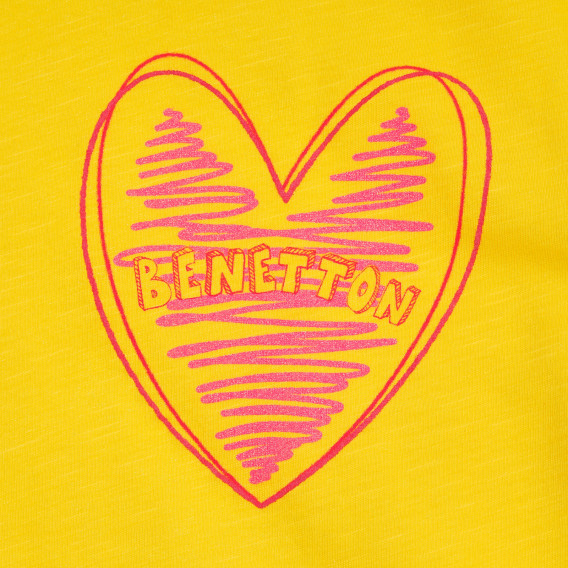 Tricou din bumbac cu inimă și inscripție de marcă, pentru copii, galben Benetton 257670 6