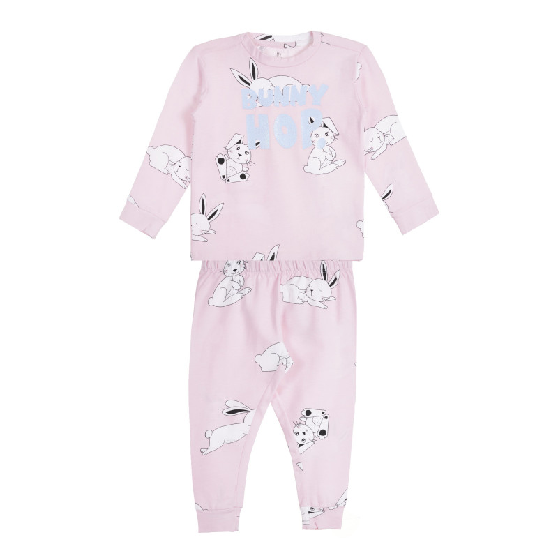 Pijama roz din bumbac, imprimeu BUNNY HOP, roz  258854