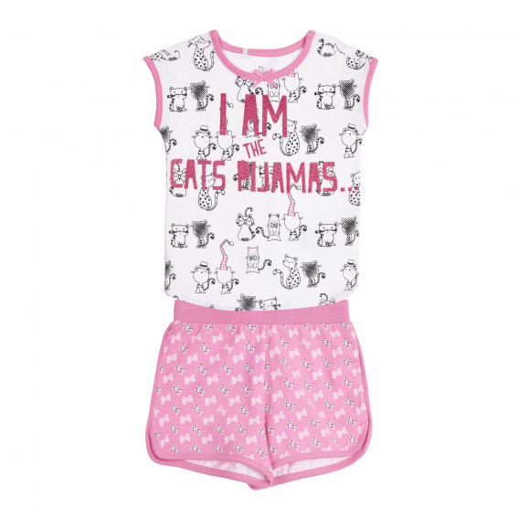 Pijama de bumbac "I AM THE CATS PAJAMAS" pentru bebeluși, în alb și roz Chicco 258954 