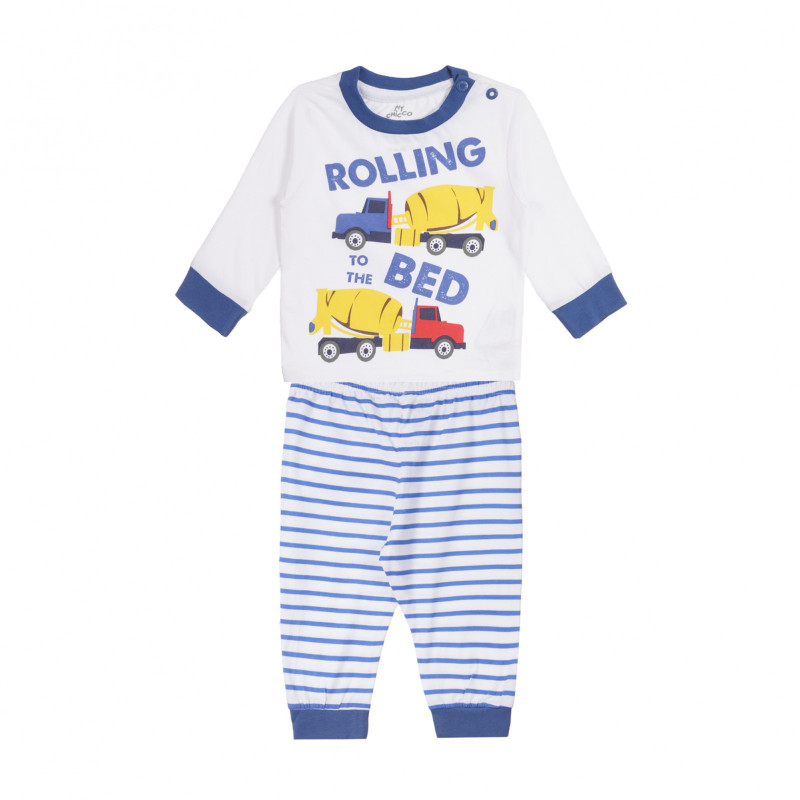 Pijama din bumbac, cu imprimeu ROLLING pentru un bebeluș în alb și albastru  258972