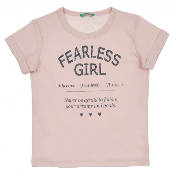 Tricou din bumbac cu inscripția Fearless girl, roz Benetton 259991 