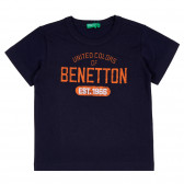 Tricou din bumbac cu inscripția mărcii, bleumarin Benetton 260533 