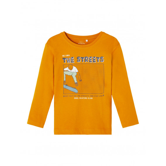 Bluză din bumbac organic cu imprimeu skateboarder, portocalie Name it 262176 