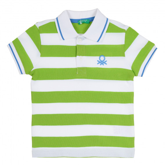 Tricou de bumbac în dungi verzi și albe cu accent albastru Benetton 265334 