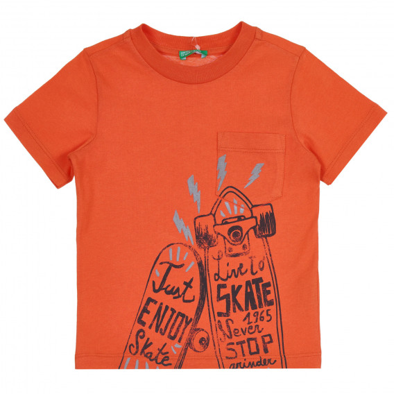 Tricou din bumbac cu imprimeu skateboard pentru copii, portocaliu Benetton 265402 