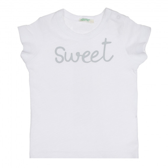 Tricou din bumbac cu inscripția Dulce pentru bebeluș, alb Benetton 268076 