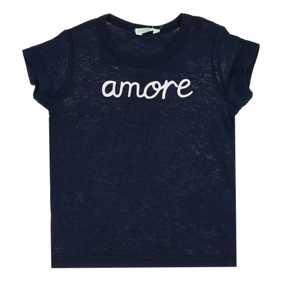 Tricou din bumbac cu inscripția Amore pentru bebeluș, albastru închis Benetton 268110 