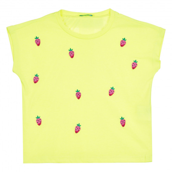 Tricou cu mâneci scurte și aplicație de căpșuni, galben Benetton 268435 