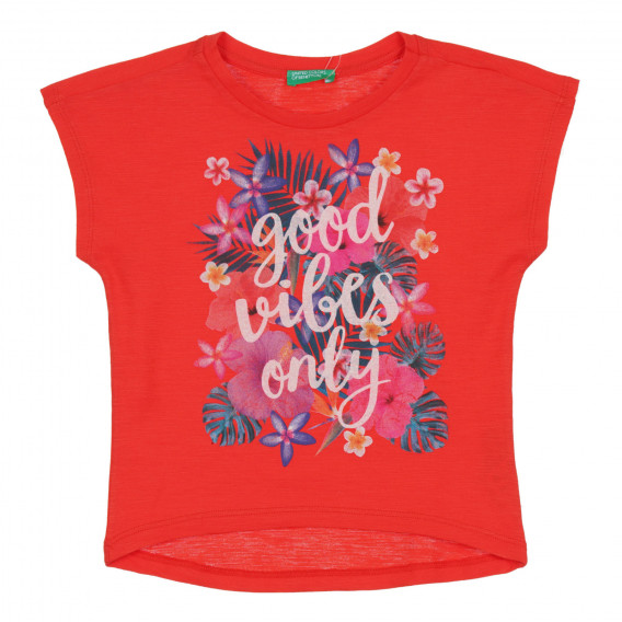 Tricou din bumbac cu imprimeu floral pentru bebeluș, roșu Benetton 268554 
