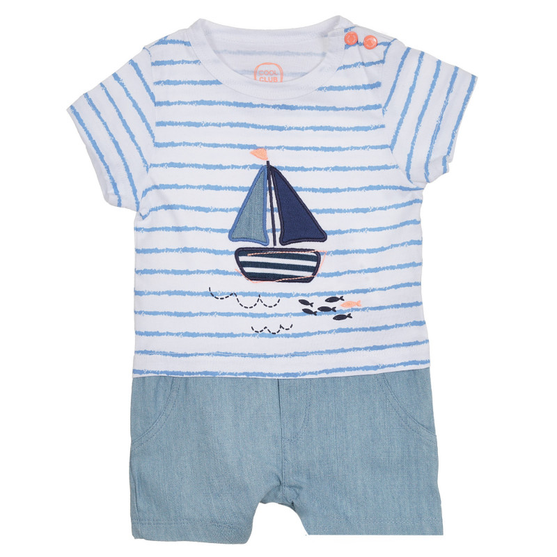 Salopetă cu imprimeu de vaporaș pentru copii în alb și albastru  270203