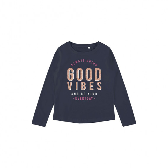 Bluză din bumbac organic, „Good Vibes”, albastru închis, pentru fete Name it 274089 