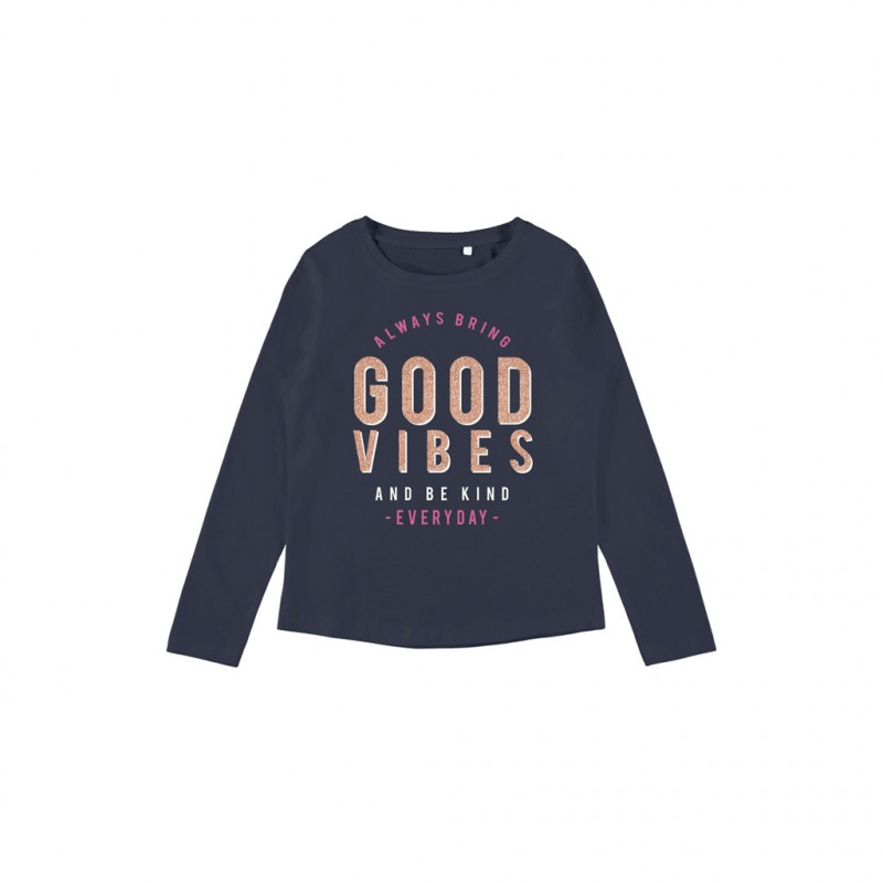 Bluză din bumbac organic, „Good Vibes”, albastru închis, pentru fete  274089