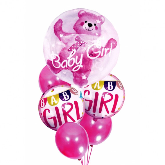 Set de 6 baloane confetti pe roz cu un ursuleț de pluș pentru fată nou-născută Ikonka 275548 