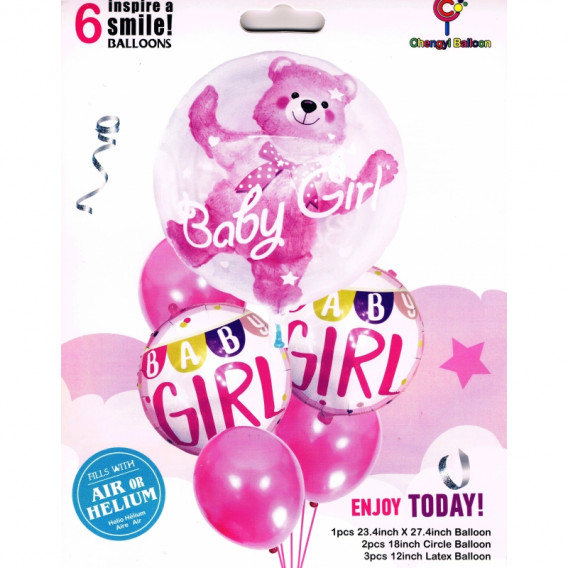 Set de 6 baloane confetti pe roz cu un ursuleț de pluș pentru fată nou-născută Ikonka 275549 2