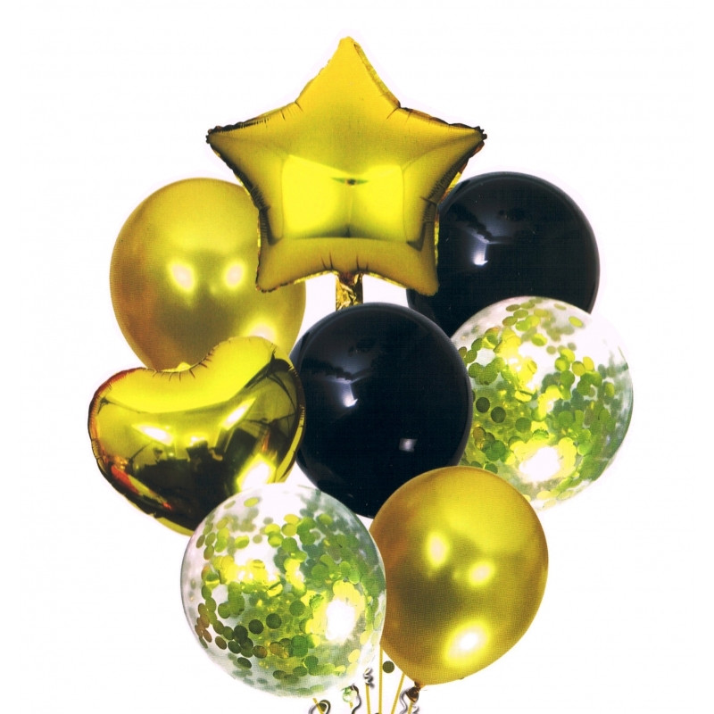 Set de 8 baloane cu confetti pe auriu și negru  275555