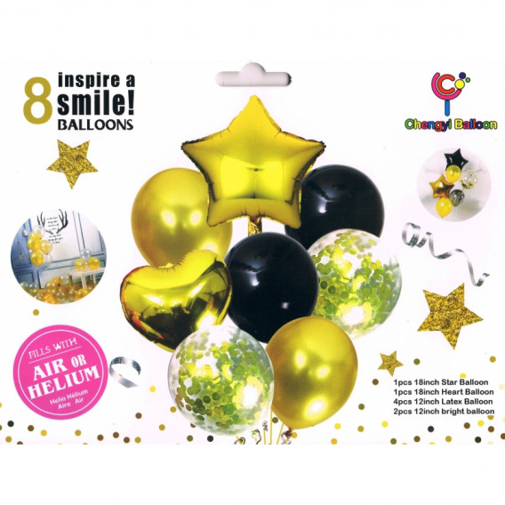 Set de 8 baloane cu confetti pe auriu și negru Ikonka 275556 2