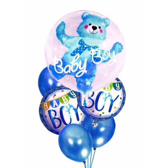 Set de 6 baloane cu confetti pe albastru cu ursuleț de pluș pentru băiat nou-născut Ikonka 275559 