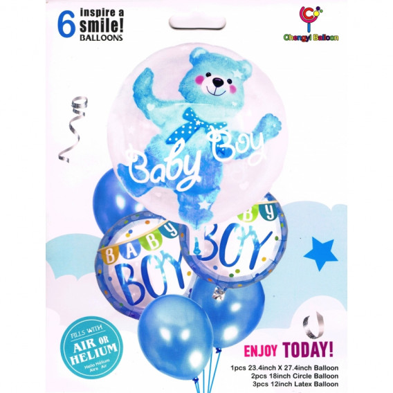 Set de 6 baloane cu confetti pe albastru cu ursuleț de pluș pentru băiat nou-născut Ikonka 275560 2