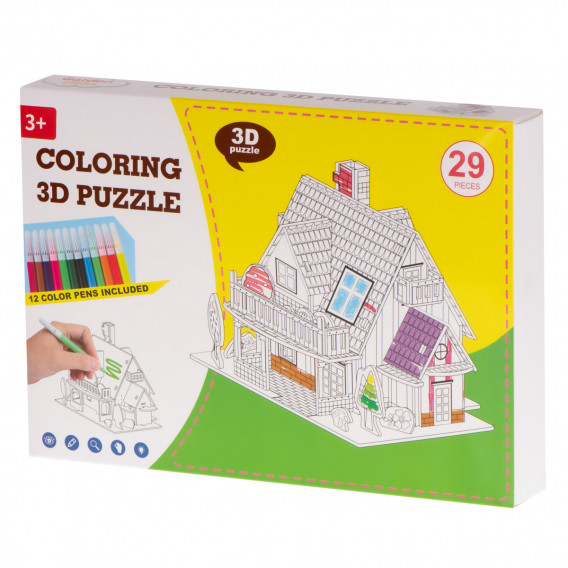 Puzzle 3D de colorat - Casă, 29 de piese Ikonka 275582 