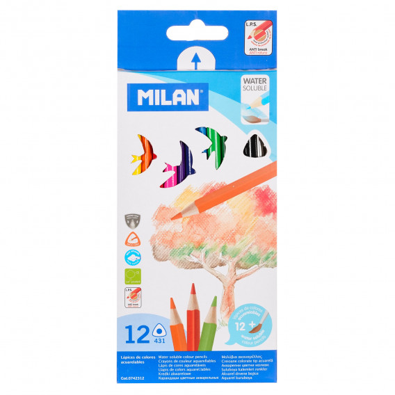 Creioane colorate, acuarelă, 2,9 mm, 12 culori + pensulă Milan 281419 