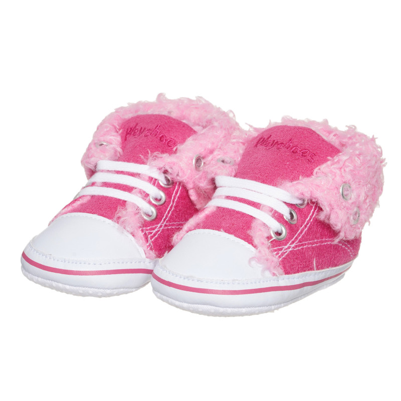 Pantofi moi pentru bebeluși cu puf și detalii albe, roz  283780