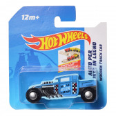 Kart din lemn, 9 cm, pickup albastru Hot Wheels 288113 