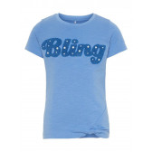 Tricou de bumbac organic de culoare albastră cu aplic Bling pentru fete Name it 28895 