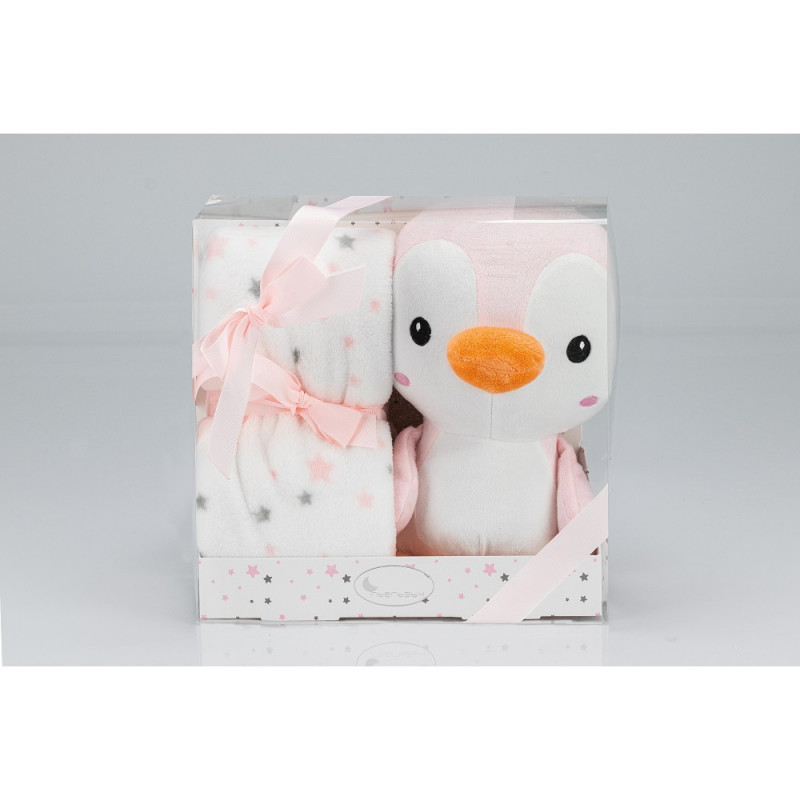 Set de pătură 80 x 110 cm și jucărie de pluș Pinguin 25 cm, roz  289481