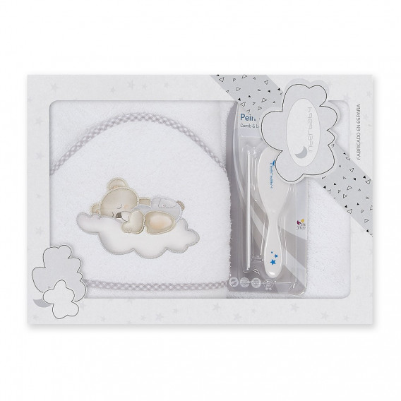 Prosop de baie pentru bebeluși OSO NUBE cu pieptene și perie de păr, 100 x 100 cm, alb Inter Baby 289564 