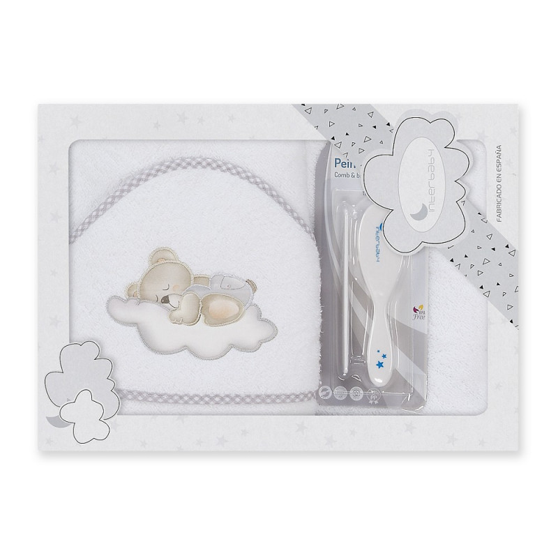 Prosop de baie pentru bebeluși OSO NUBE cu pieptene și perie de păr, 100 x 100 cm, alb  289564