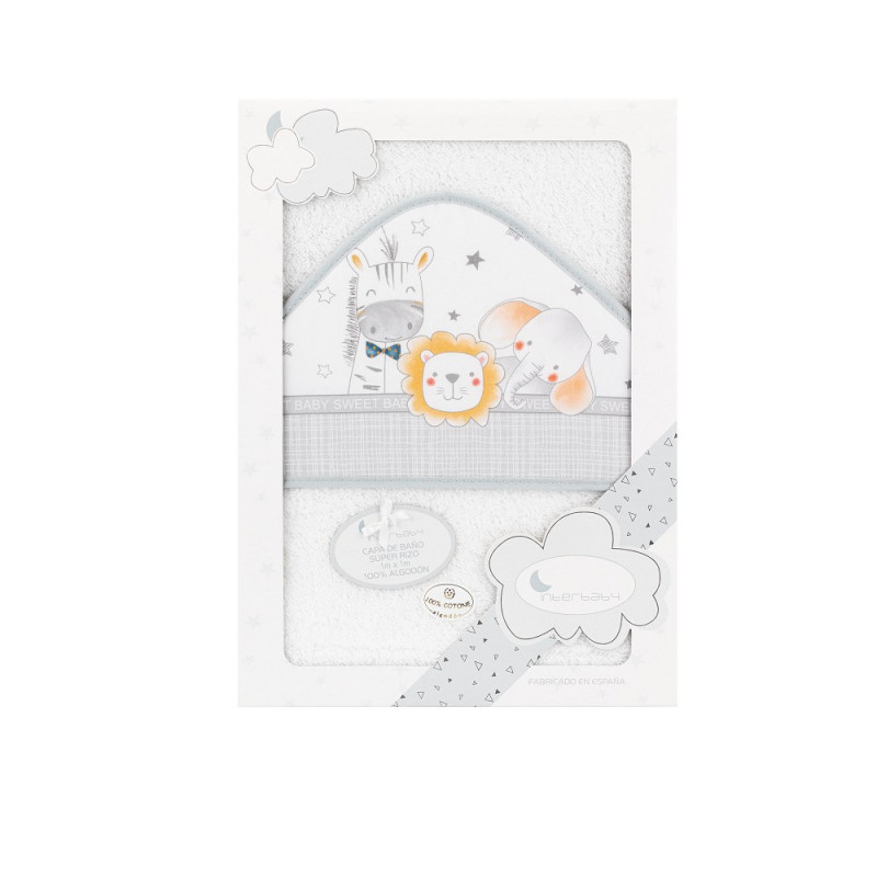 Prosop de baie pentru bebeluși ANIMALITOS, 100 x 100 cm, gri și alb  289567