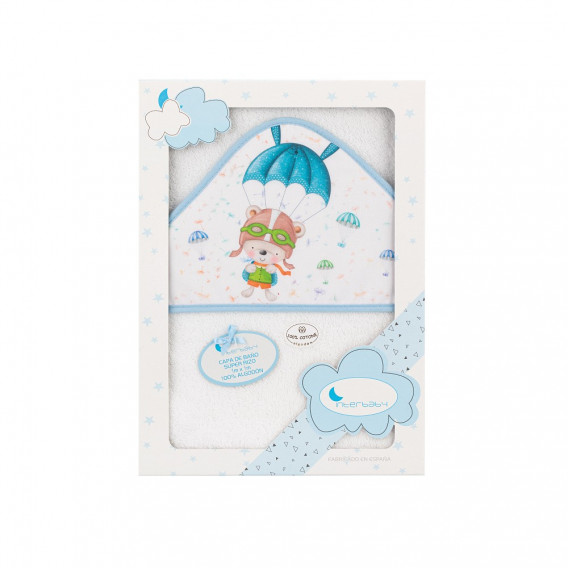 Prosop de baie pentru bebeluși PARACAIDISTA, 100 x 100 cm, alb și albastru Inter Baby 289570 