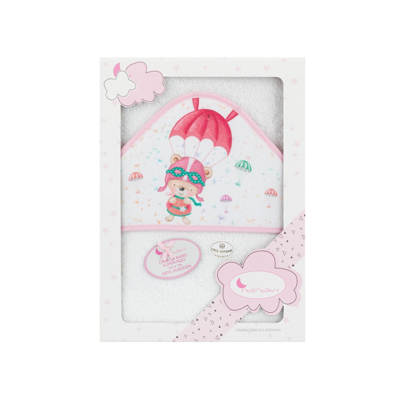 Prosop de baie pentru bebeluși PARACAIDISTA, 100 x 100 cm, alb și roz  289571