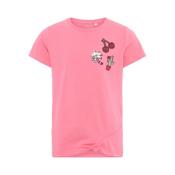 Tricou din bumbac cu mâneci scurte de culoare roz, cu aplicare discretă din paiete Name it 28975 