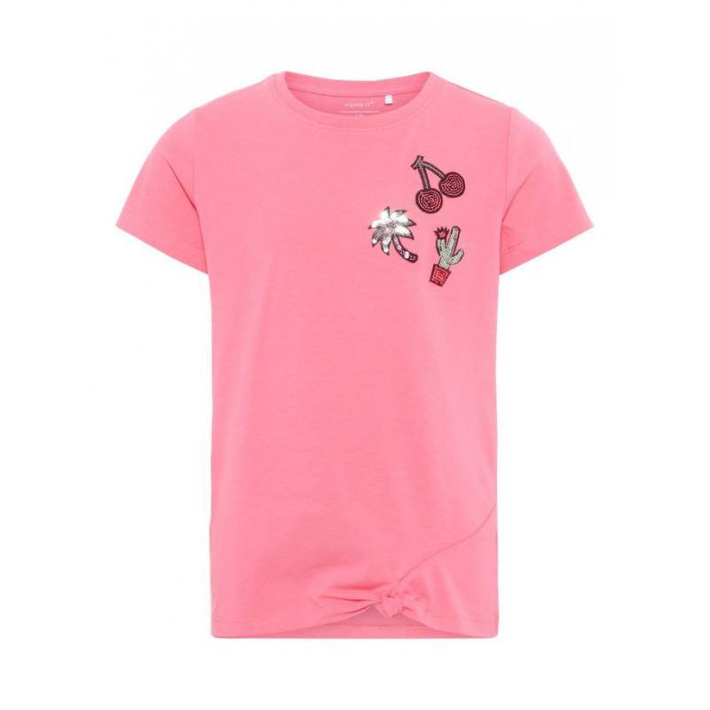 Tricou din bumbac cu mâneci scurte de culoare roz, cu aplicare discretă din paiete  28975