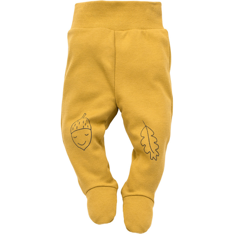 Pantaloni bebeluși din bumbac cu botoșei, aplicație de pădure, galbeni  291174